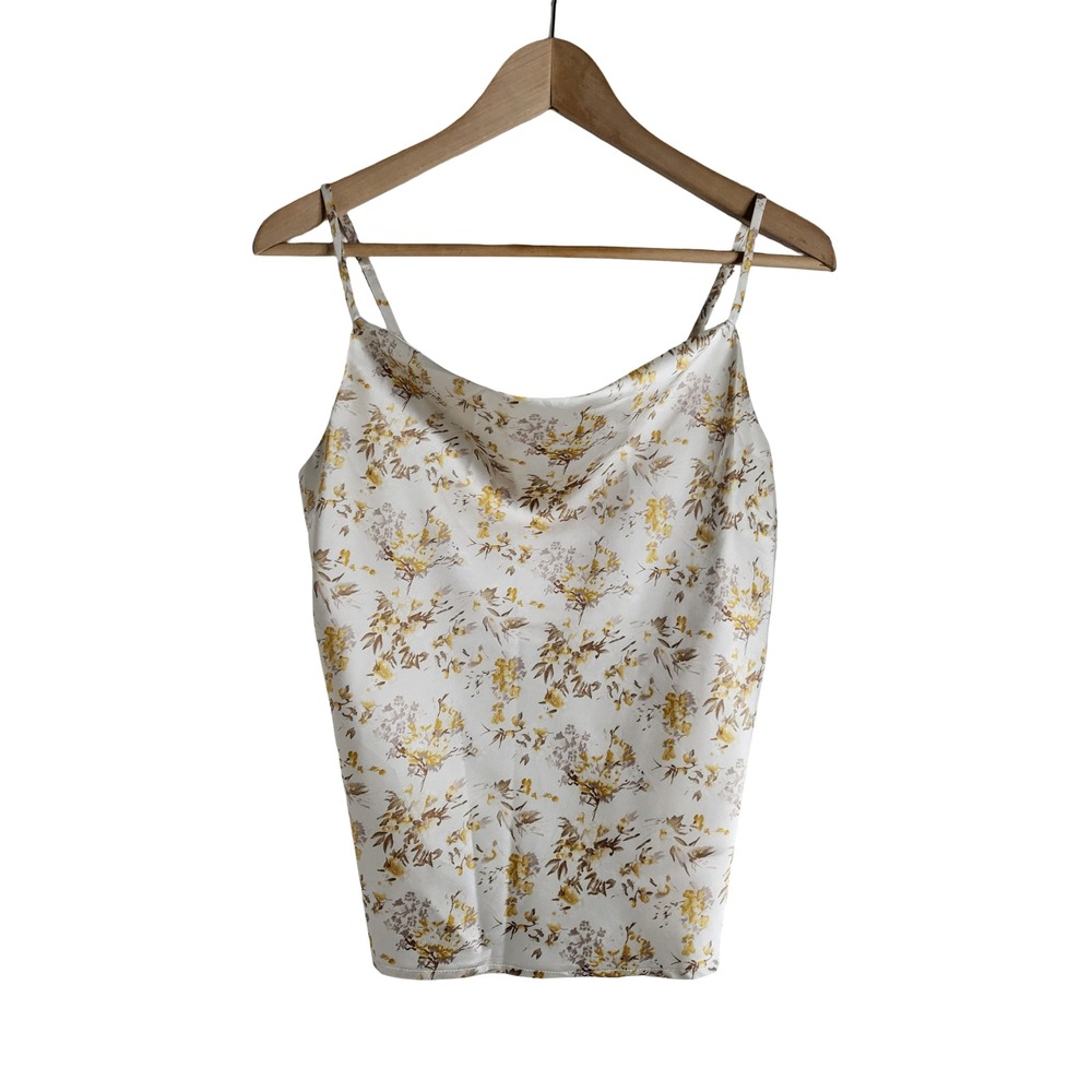Skies Are Blue Floral Satin Cowl Neck Cami Top Yellow Cream SP Cottagecore